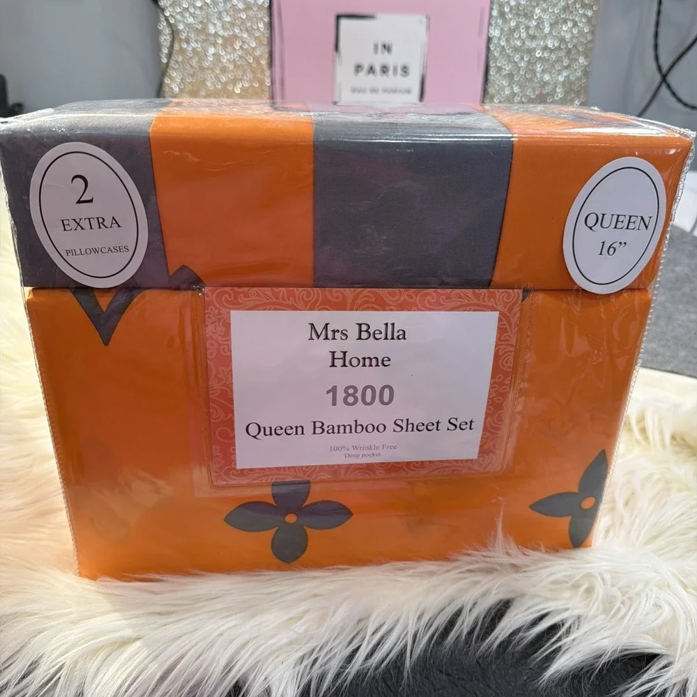 Bamboo‎ Queen Sheet Designer Set Orange Grey Print 6 Piece – 100% Cotton Beaut